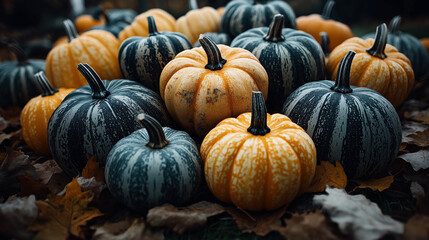 Close-up of a group of orange and green pumpkins surrounded by autumn leaves in an outdoor setting, highlighting seasonal harvest and decoration.