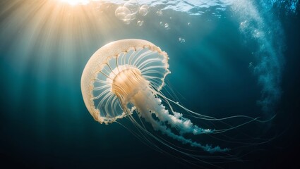 Fototapeta premium A jellyfish floating gracefully in a deep blue ocean with sunlit highlights. Created with Generative AI Technology