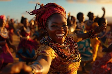 African woman dancing with her tribe at sunset celebration