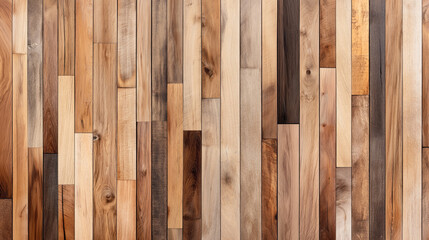 Close-up view of a textured wooden parquet floor with an array of different wood tones and grains, arranged in a vertical pattern.