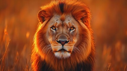 Fototapeta premium Majestic lion with a golden mane looking directly at the camera in a savanna at sunset.