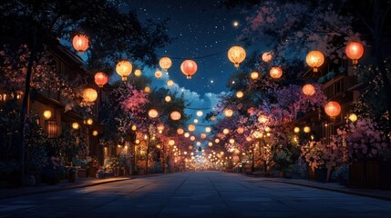 A charming street lined with glowing lanterns, creating a magical atmosphere under a starry sky.