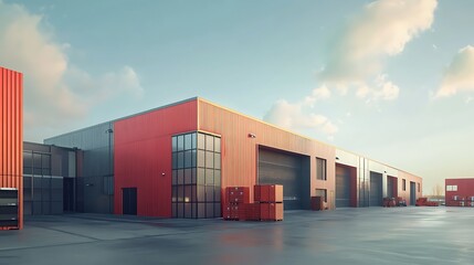 Fototapeta premium A modern industrial warehouse with large glass windows and orange shipping containers.