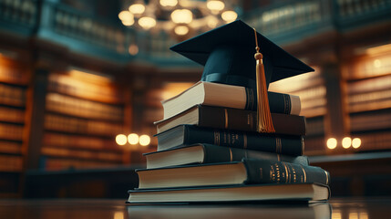Stack of varied subject books crowned with a graduation cap, positioned against the backdrop of an ornate, classical library with warm lighting