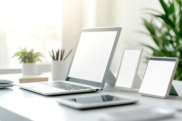 Modern devices on office desk, clean design, technology concept.