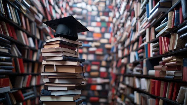 A small stack of academic books topped with a graduation cap, in the foreground, with towering shelves filled with volumes of knowledge behind