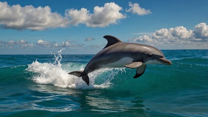 A playful dolphin leaping through turquoise ocean waves, under a bright sky. Created with Generative AI Technology