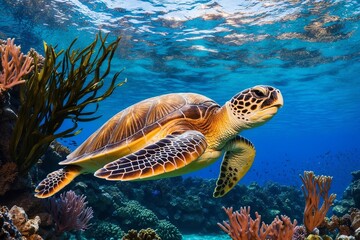 Fototapeta premium A sea turtle gliding through clear, blue waters surrounded by colorful coral. Created with Generative AI Technology