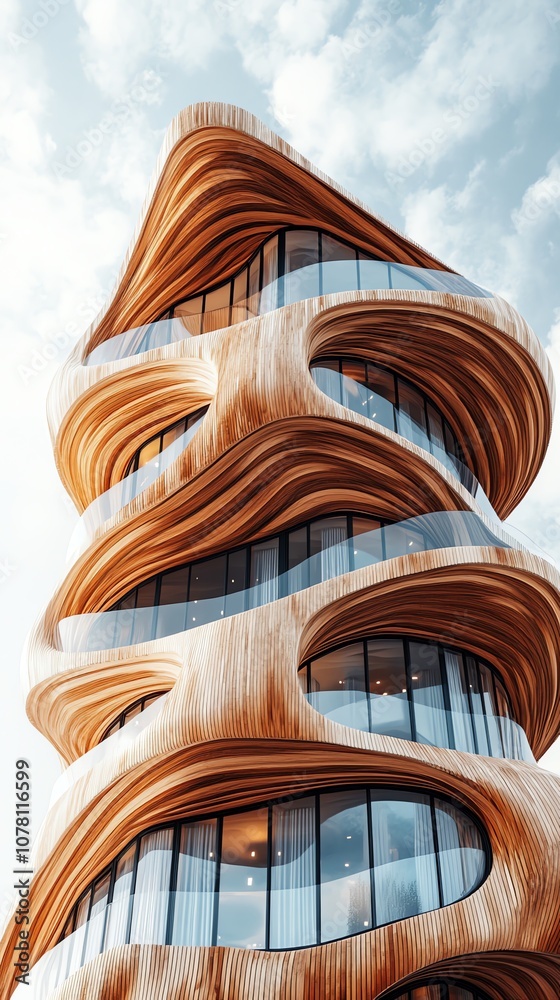 Poster low angle view of a modern wooden apartment building with curved balconies and large windows against