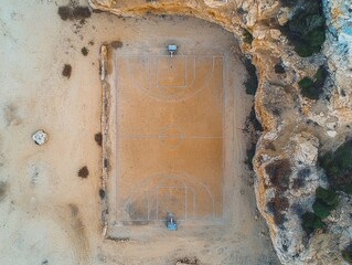 Drone shot of an empty outdoor basketball court surrounded by trees, bird's-eye view, no people, vibrant court colors, high resolution stock photo