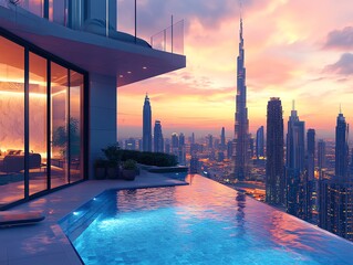 Obraz premium Infinity pool on a penthouse balcony with a view of the Dubai skyline at sunset.