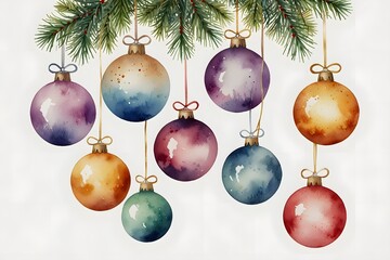 Baubles arranged in a symmetrical pattern in watercolor style