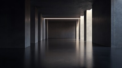 A minimalist interior space with dramatic lighting and concrete elements.