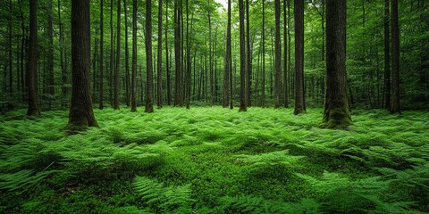 Obraz premium Lush green ferns carpet the forest floor, sunlight filtering through the canopy of tall trees, creating a tranquil and serene atmosphere.
