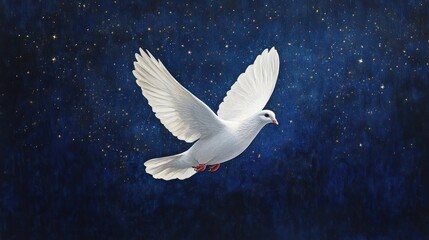 Obraz premium A white dove soars through a starry night sky, symbolizing peace and hope.