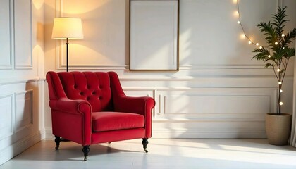 Red armchair with empty frame hanging on the wall, Christmas lights and marble floor