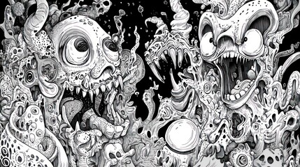 Abstract black and white illustration of two grotesque creatures with large mouths and teeth.