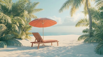 Obraz premium A serene beach scene with a lounge chair and umbrella surrounded by palm trees and soft sand.
