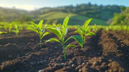Close-up of young green plants growing in rich brown soil with a blurred background of rolling green hills and a bright sun shining in the distance.