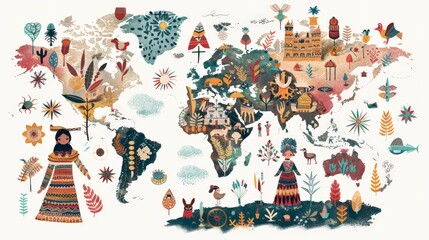 An illustrated map showcasing native textiles from different regions of the world
