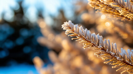 Close-up of frosty fir needles, lightly dusted with snow, against a blurred winter wonderland of towering, snow-covered trees