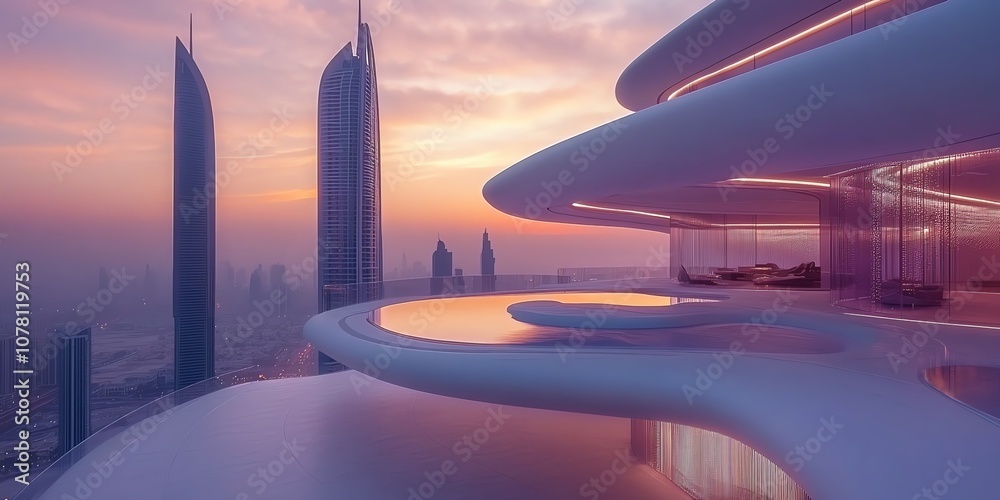 Poster modern architecture rooftop pool with a view of the city skyline at sunset.