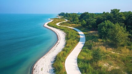 Bird's-eye view of a coastal bike track along the shoreline, empty and scenic, no people, stunning natural surroundings, high resolution stock photo