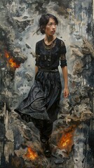 Obraz premium Woman Walking Through Fire: A Surreal and Dramatic Portrait