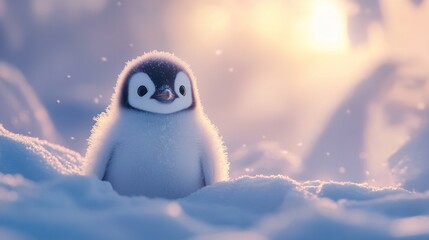 Obraz premium Adorable penguin chick standing in snowy landscape with soft, warm sunset light.