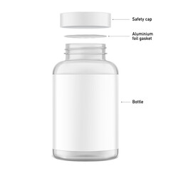 Clear eye-catching pill bottle with foil seal, safety cap mockup for supplements, vitamins, treats. Vector illustration isolated on white background. Mockup is ideal for health projects. EPS10.