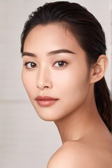 Naklejka premium Close-up portrait of a woman with clear skin and neutral expression. Captures elegance and beauty in a simple, natural way, emphasizing smooth complexion and poised demeanor.