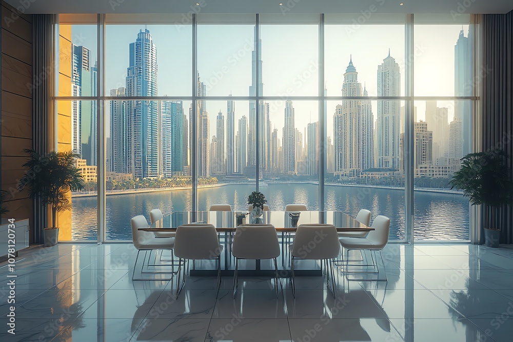 Poster modern dining room with a stunning view of a cityscape skyline and a body of water through large win