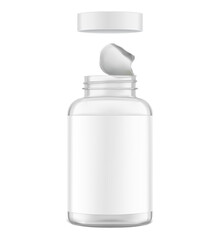 Clear eye-catching pill bottle with foil seal, safety cap mockup for supplements, vitamins, treats. Vector illustration isolated on white background. Mockup is ideal for health projects. EPS10.