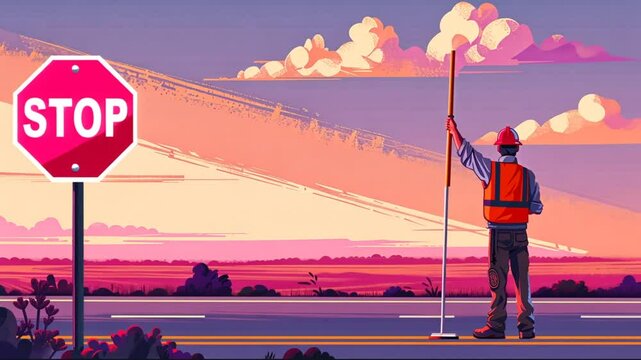A construction worker is holding a traffic sign while indicating drivers to stop, set against a stunning sunset backdrop in a rural landscape