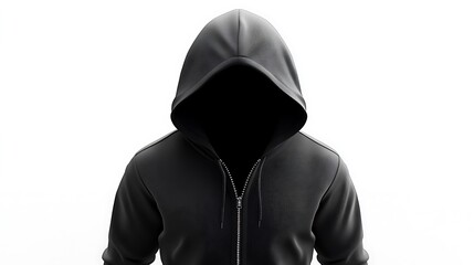 A faceless figure in a black hoodie, symbolizing anonymity or mystery.