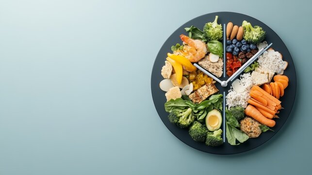 Food clock on vibrant blue, creative time management and healthy eating concept food