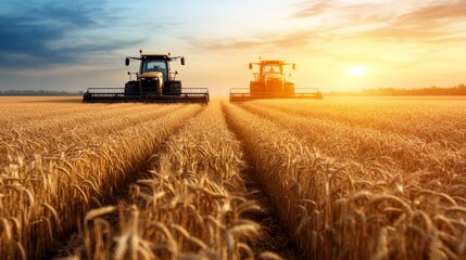 Obraz premium Golden wheat harvest, a combine at work in the sunkissed fields during the peak of summer
