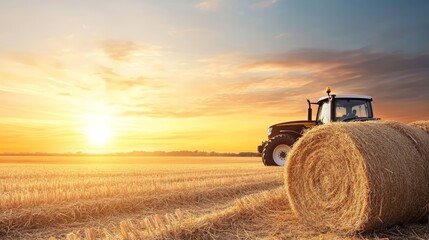 Fototapeta premium Golden hour harvest, tractor and hay bales in a picturesque sunset field tranquil