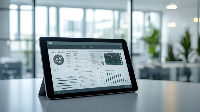 Tablet with business analytics on screen in office setting