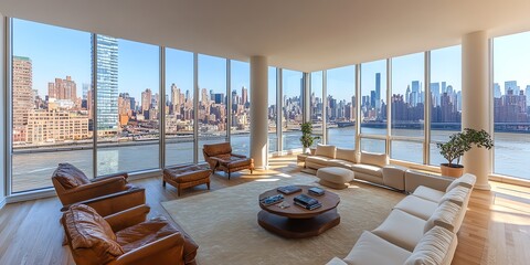 Fototapeta premium Modern living room with floor-to-ceiling windows overlooking a cityscape and river.