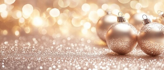 A gold colored Christmas ornament is displayed on a glittery background