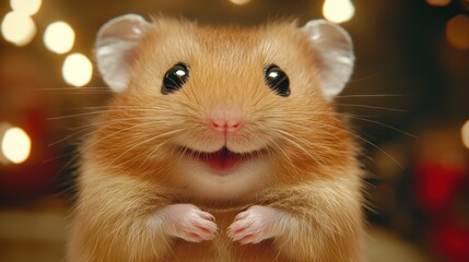A close-up portrait of a cute golden hamster with big eyes and a wide smile, sitting on a blurred background with warm lights.