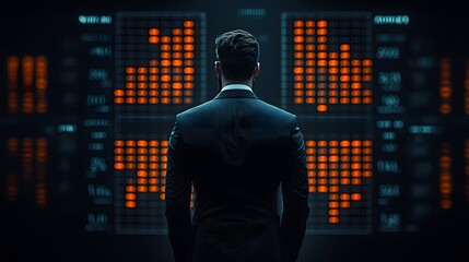 Focused Stock Market Analyst Overlooking Dynamic Graphs and Data Visualizations in Dark Environment. Cost of Capital, Capital Structure, Growth Concept