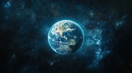 Naklejka premium A realistic depiction of planet Earth from space, with a nebula in the background and stars scattered across the dark sky.