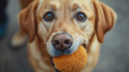close up image of dog holding toy in its mouth, showcasing its expressive eyes and playful demeanor. dog fur is golden, and toy is round and fuzzy, adding to charming scene