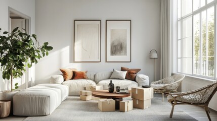 Bright living room with stacked moving boxes and decor