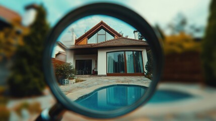 Magnifying glass near residential house for market analysis