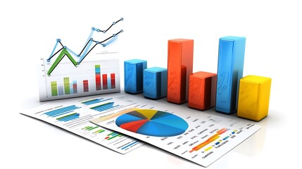 A collection of colorful charts and graphs representing data analysis and statistics.