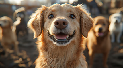Obraz premium calm golden retriever smiles joyfully in playful dog park scene, surrounded by other dogs. warm sunlight enhances cheerful atmosphere