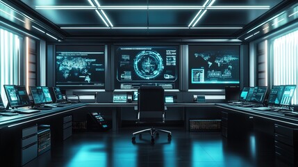 Futuristic control room with advanced digital screens and interf